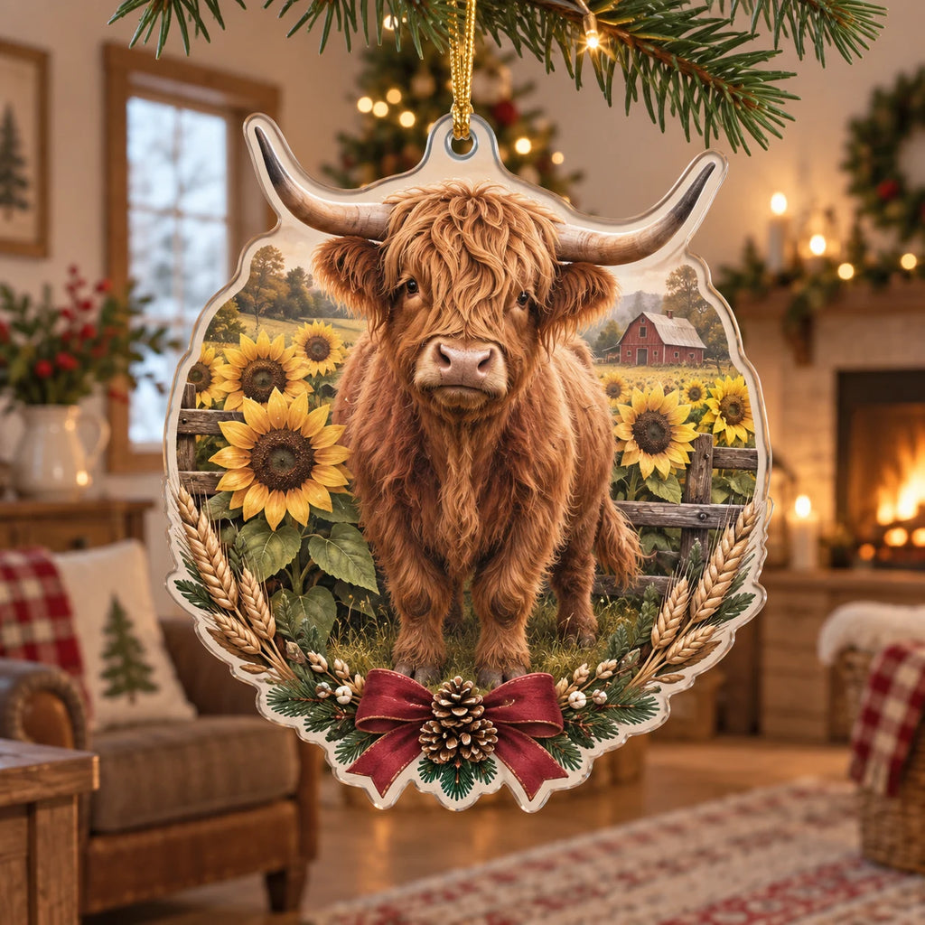 Highland Cow Sunflower Christmas Ornament showing a Highland cow among golden sunflowers with a distant farmhouse scene