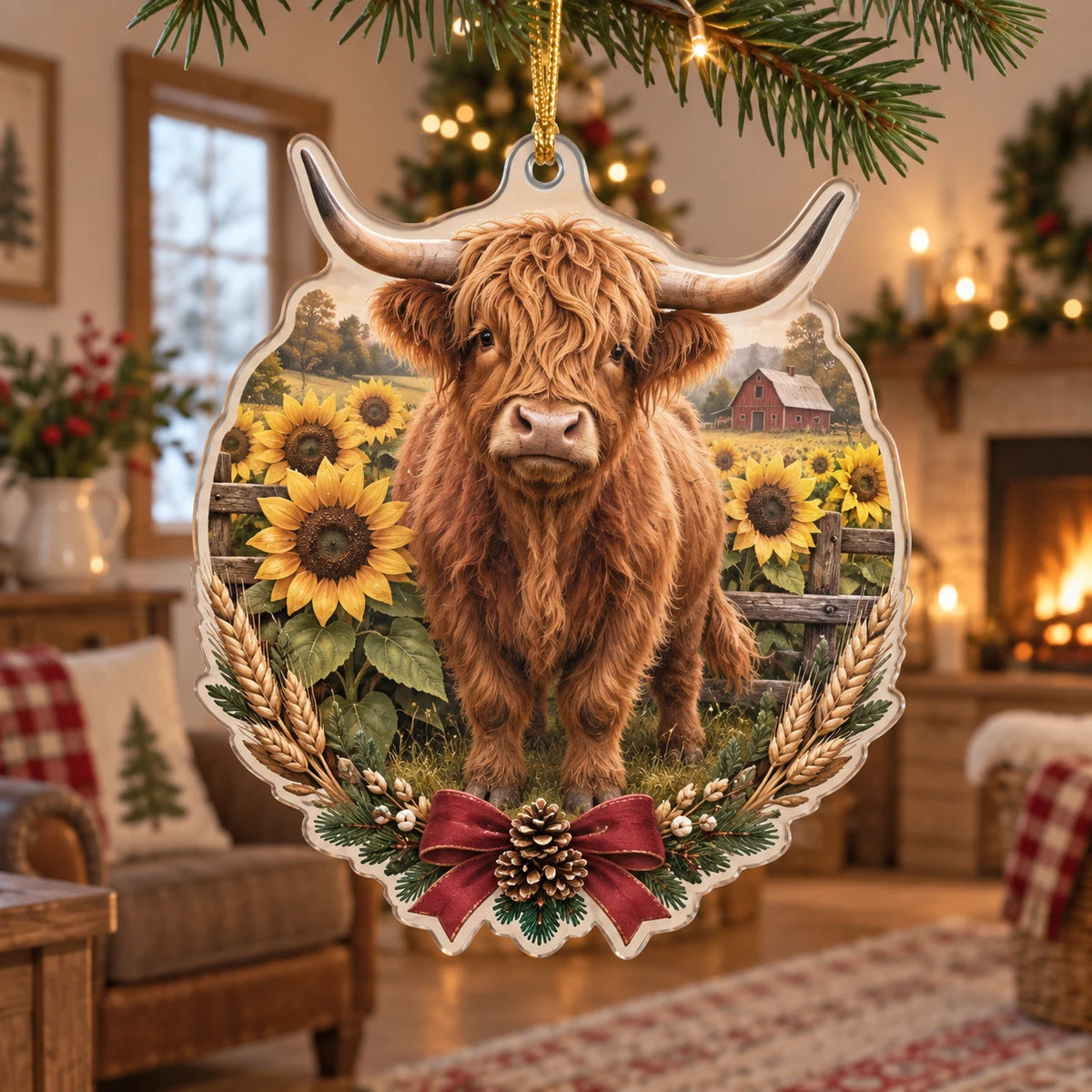 Highland Cow Sunflower Christmas Ornament showing a Highland cow among golden sunflowers with a distant farmhouse scene