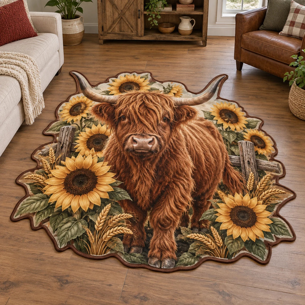Highland Cow Sunflower Custom Shape Rug showing a Highland cow with golden sunflowers and wheat framing