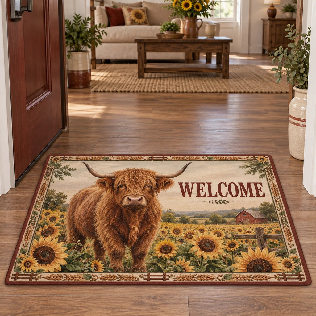 Highland Cow Sunflower Welcome Doormat showing a Highland cow among golden sunflowers with a distant farmhouse scene