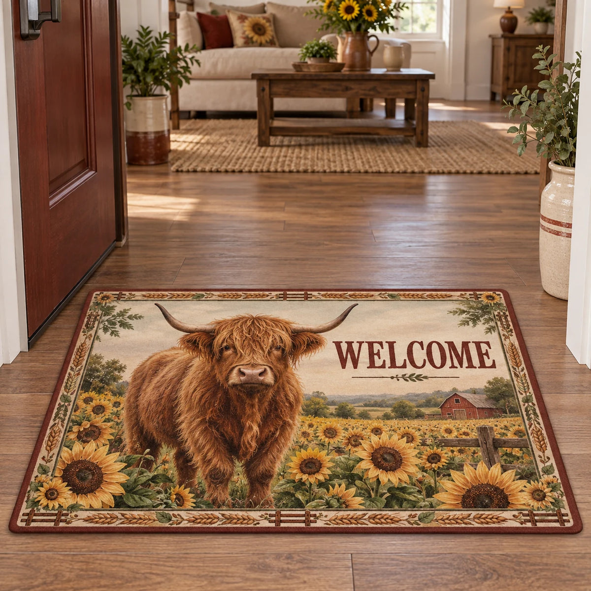 Highland Cow Sunflower Welcome Doormat showing a Highland cow among golden sunflowers with a distant farmhouse scene