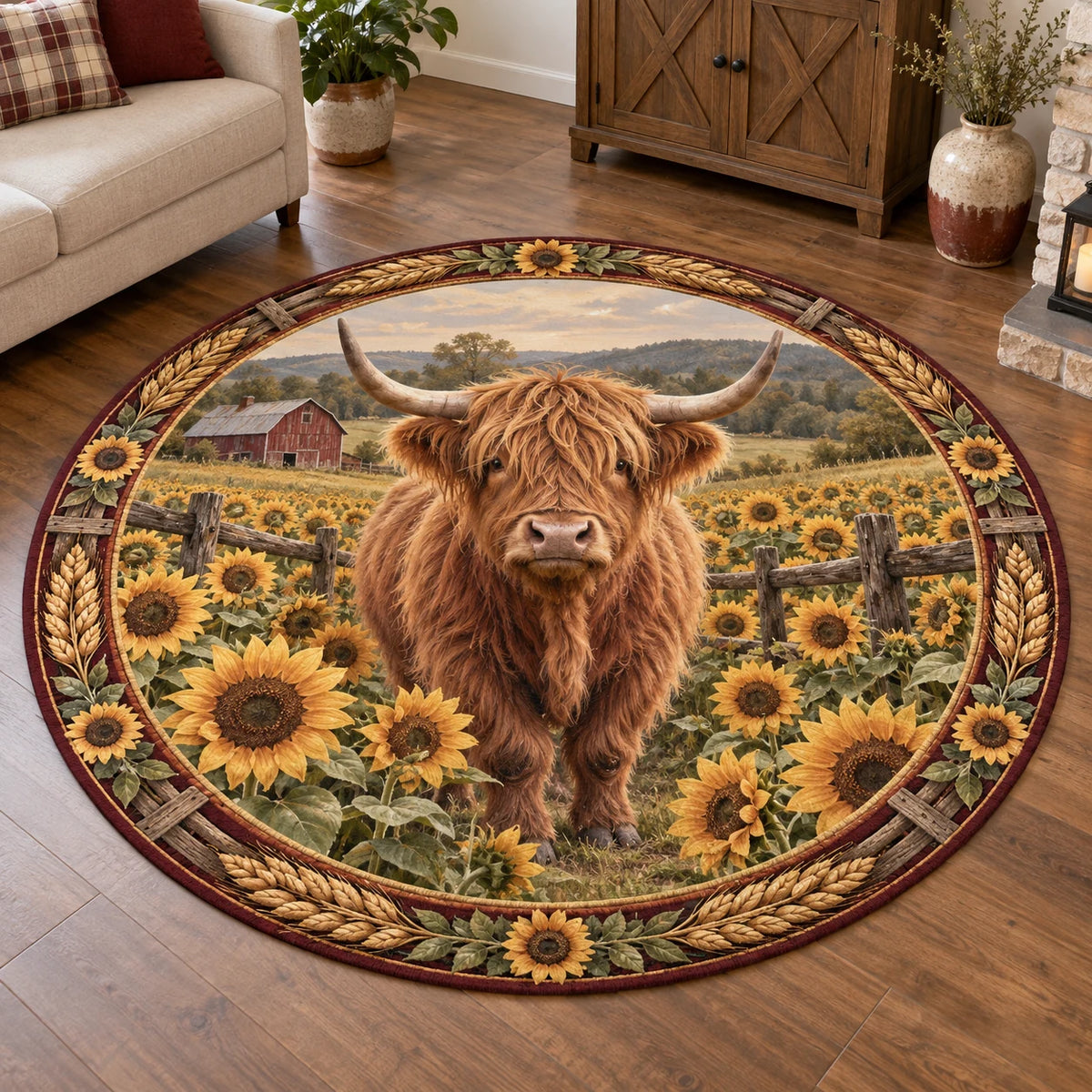 Highland Cow Sunflower Round Mat Rug showing a Highland cow among golden sunflowers with a distant farmhouse scene
