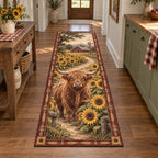 Highland Cow Sunflower Runner Rug showing a Highland cow among golden sunflowers with a distant farmhouse scene