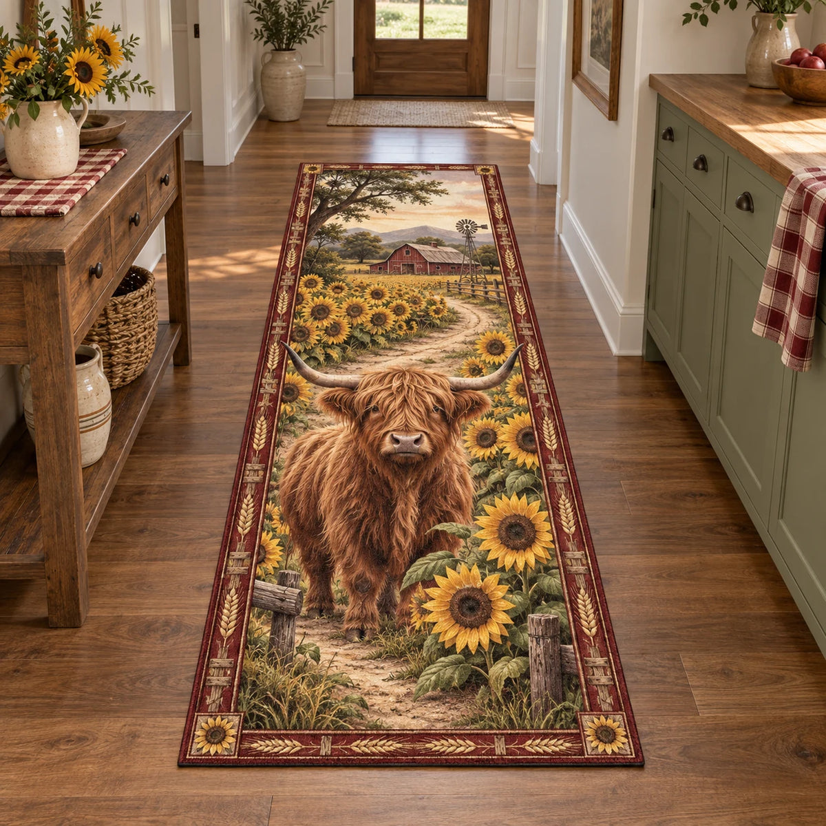 Highland Cow Sunflower Runner Rug showing a Highland cow among golden sunflowers with a distant farmhouse scene