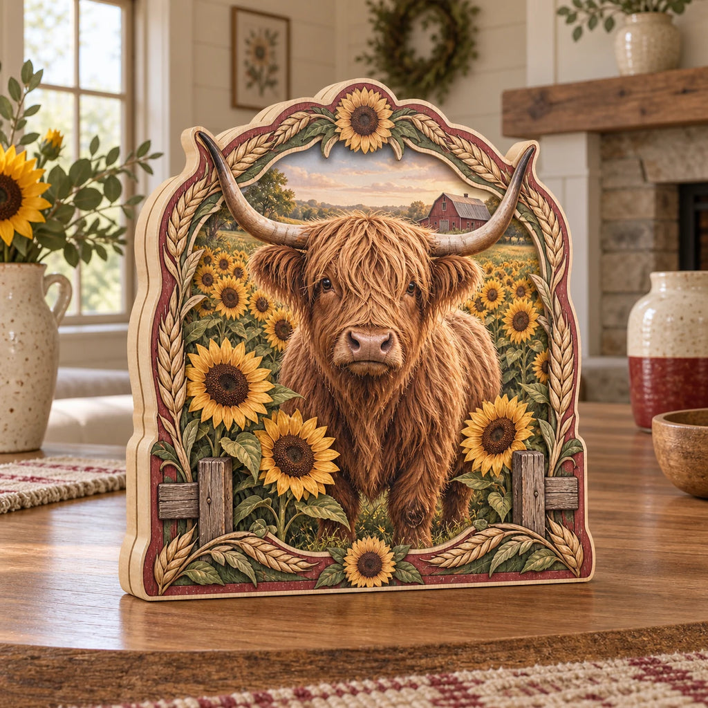 Highland Cow Sunflower Wooden Block - 3 Layer Decor showing a Highland cow with golden sunflowers and wheat framing
