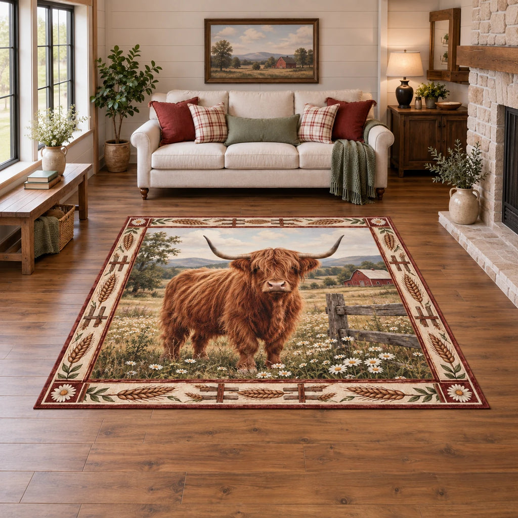 Highland Cow Wildflower Fence Area Rug with dimensional printed artwork in a matching indoor setting