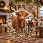Highland Cow Wildflower Fence Christmas Ornament with dimensional printed artwork in a matching indoor setting
