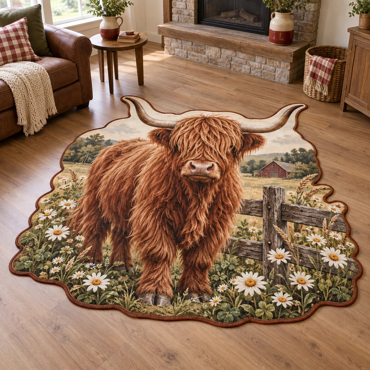 Highland Cow Wildflower Fence Custom Shape Area Rug with dimensional printed artwork in a matching indoor setting