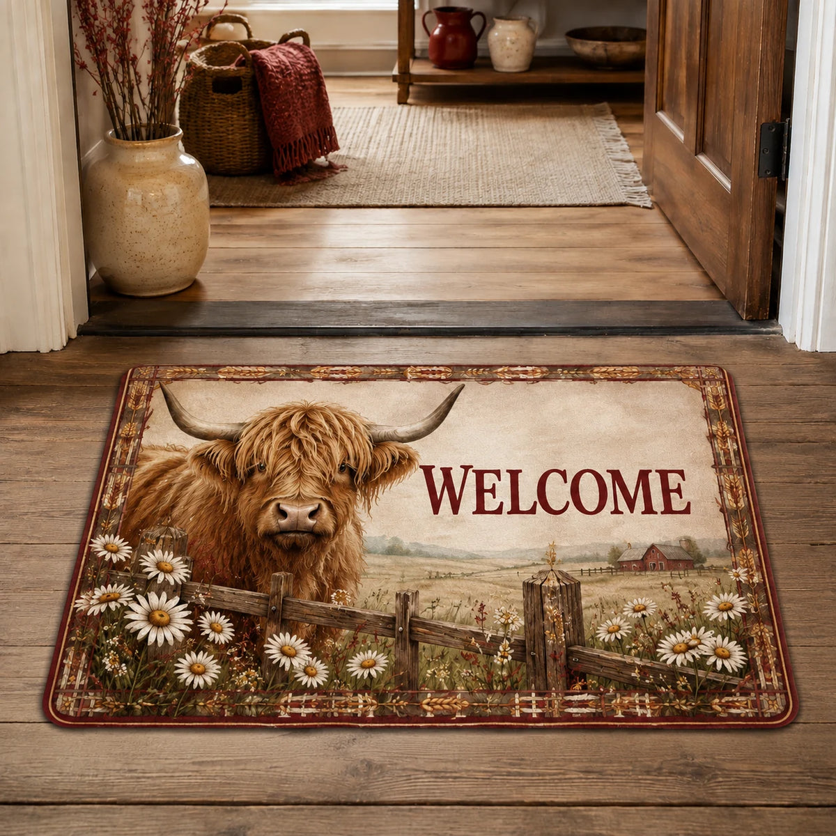 Highland Cow Wildflower Fence Doormat with an original printed 3D effect in a matching room setting