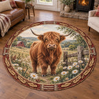 Highland Cow Wildflower Fence Round Mat Rug with dimensional printed artwork in a matching indoor setting