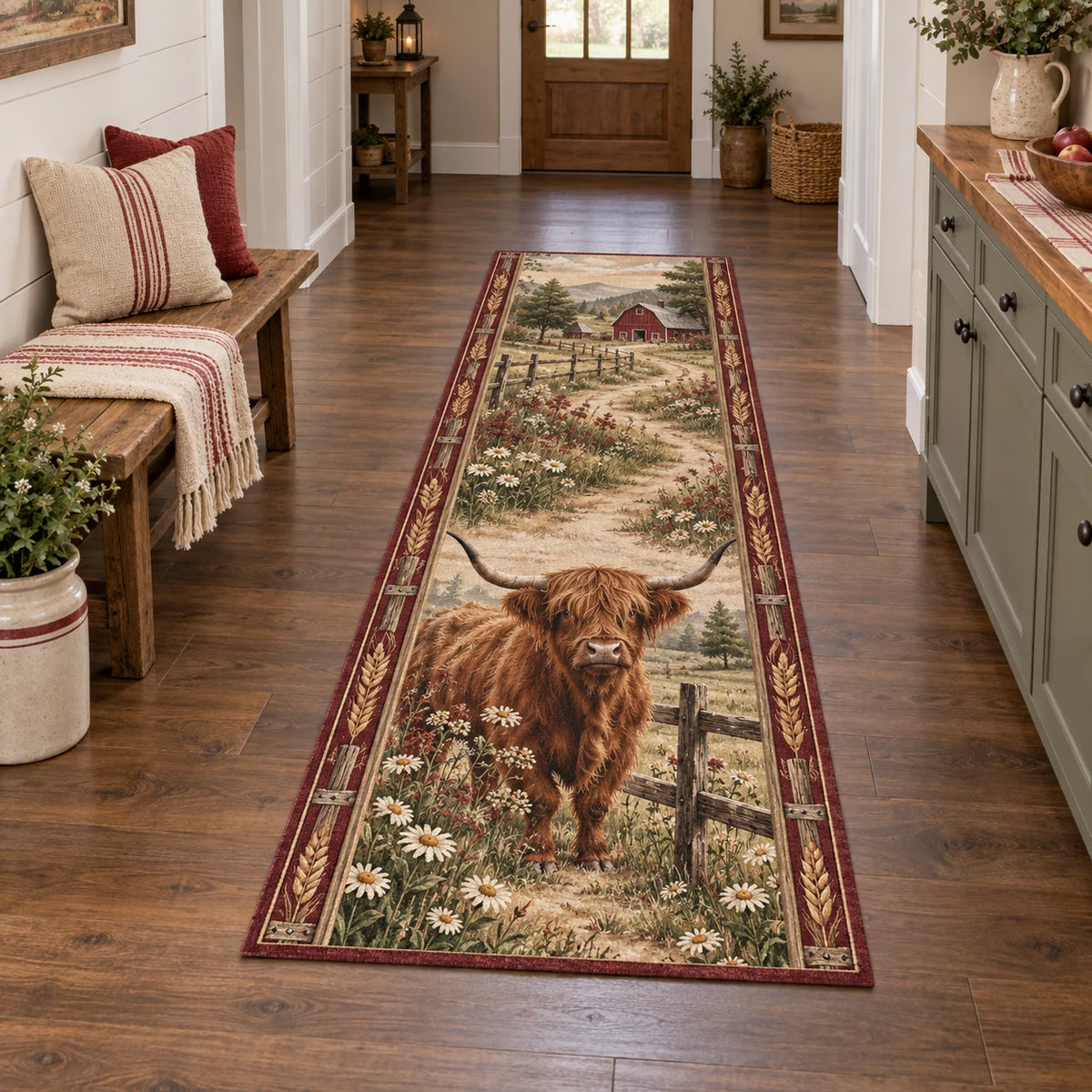 Highland Cow Wildflower Fence Runner Rug with dimensional printed artwork in a matching indoor setting