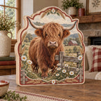 Highland Cow Wildflower Fence Wooden Block with dimensional printed artwork in a matching indoor setting