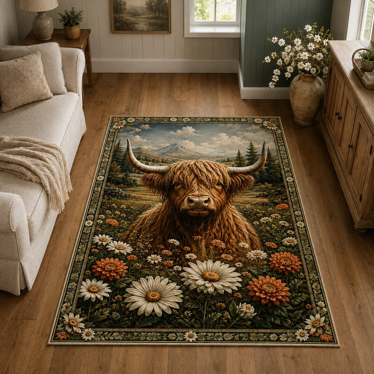 Highland Cow Wildflower Meadow area rug with a dimensional printed design in a highland cow setting