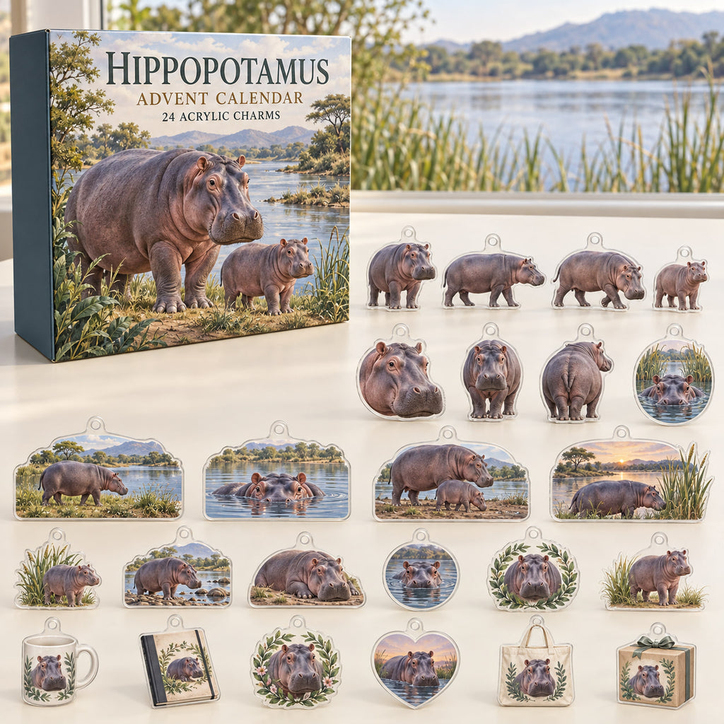 Hippopotamus advent calendar box with 24 themed flat printed acrylic charms