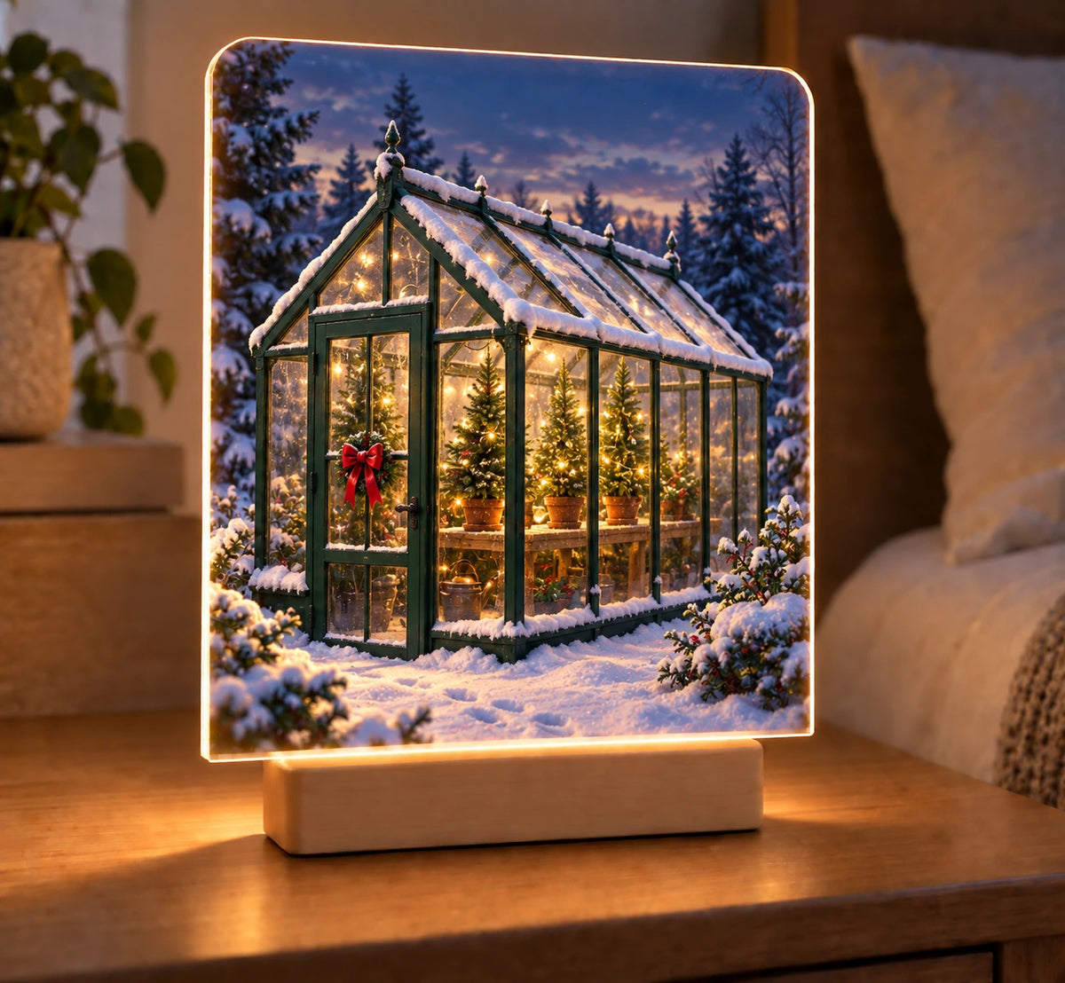 Holiday Greenhouse Snowglow Acrylic Night Light with printed glass reflections and snowy roof depth