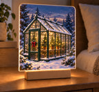 Holiday Greenhouse Snowglow Acrylic Night Light with printed glass reflections and snowy roof depth