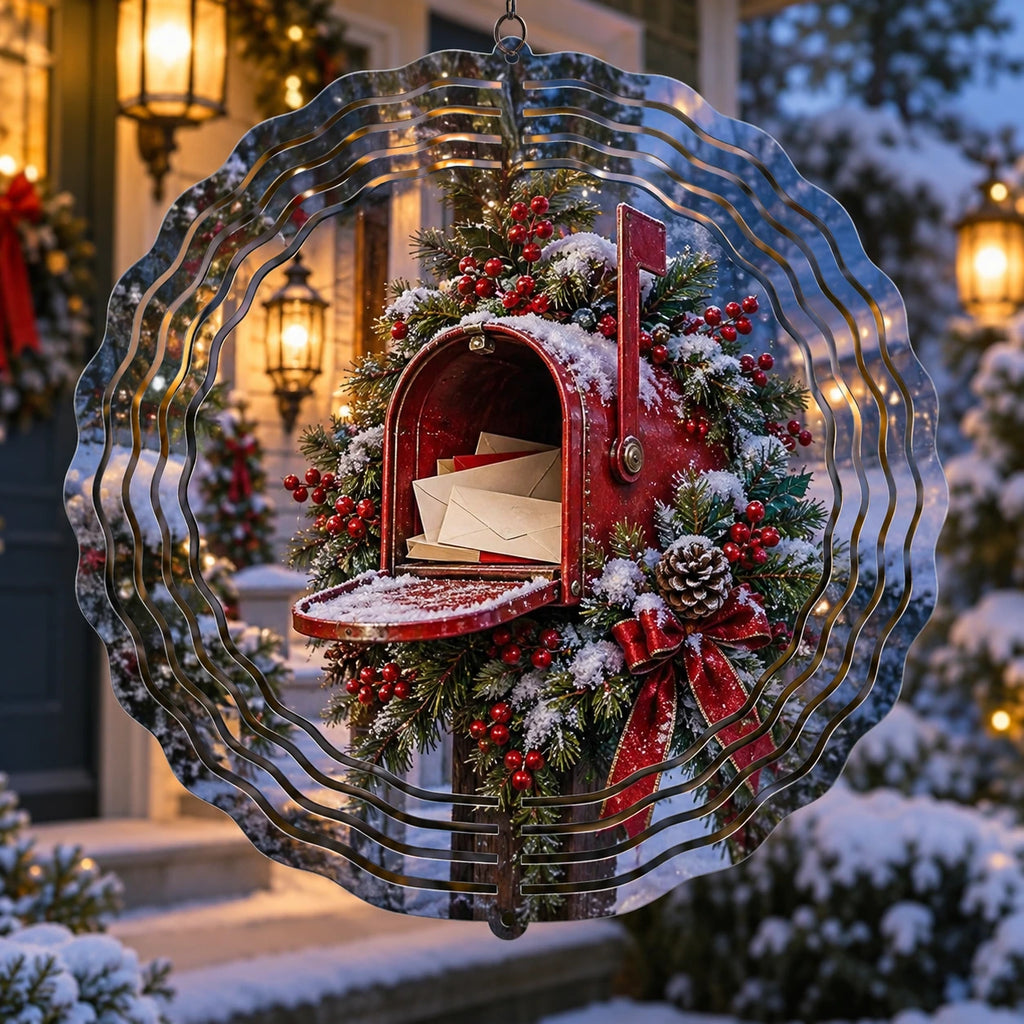 Holiday Mailbox Cranberry Wreath Wind Spinner with printed 3D winter depth