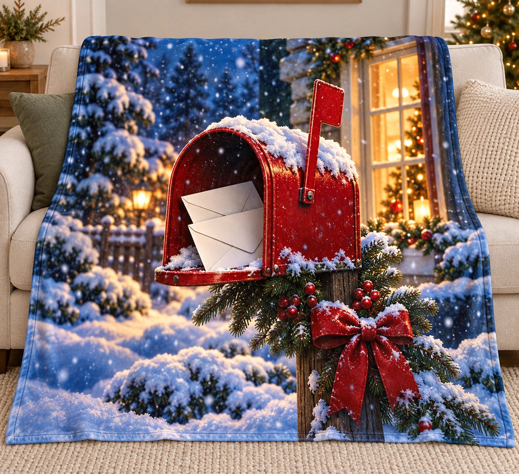 Holiday Mailbox Window Glow Fleece Throw Blanket with printed dimensional winter artwork
