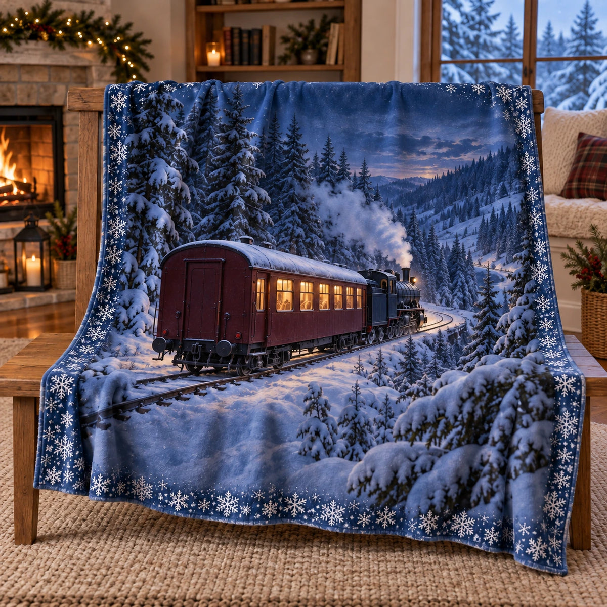 Winter steam train and snowflake border printed on fleece throw blanket.