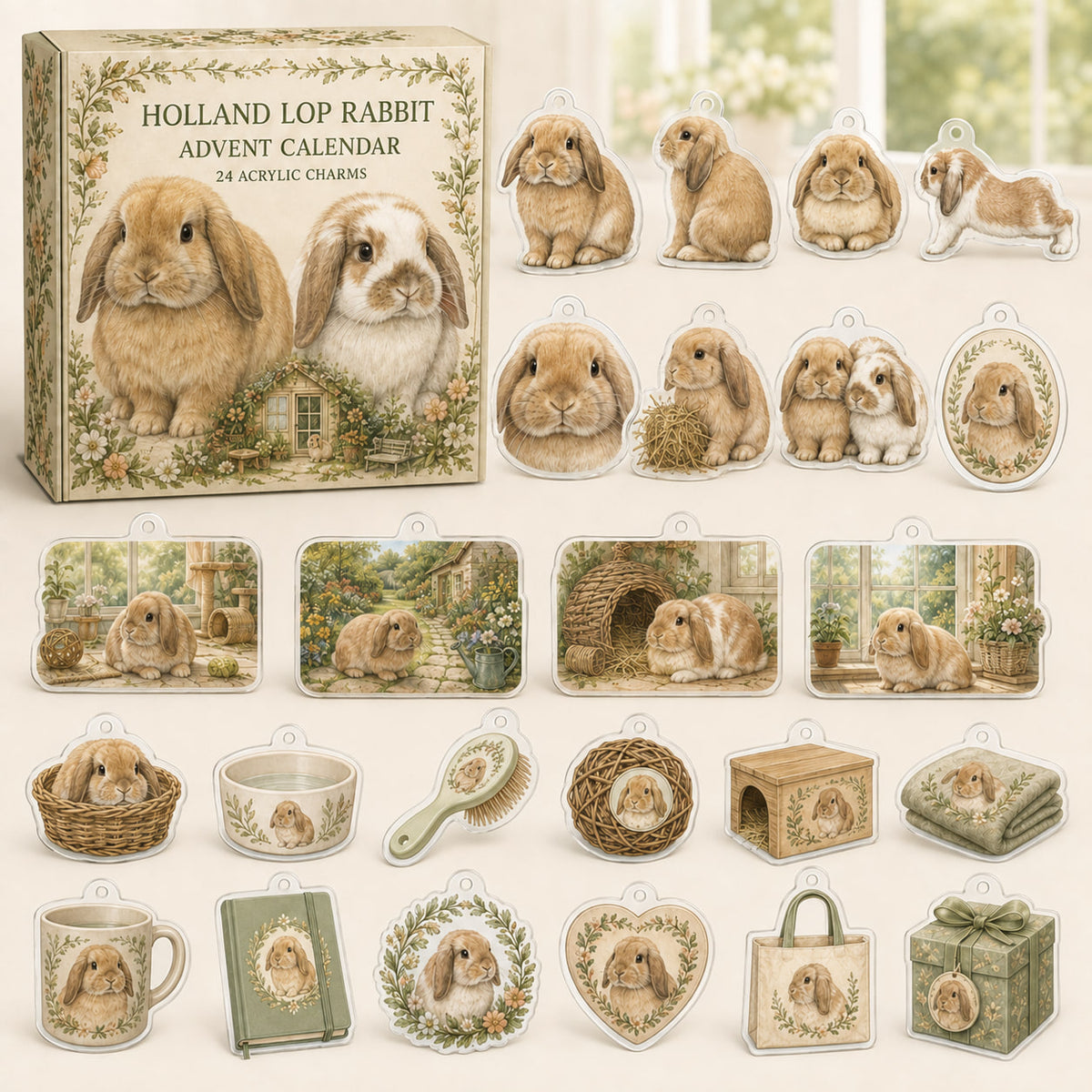 Holland Lop Rabbit advent calendar box with 24 themed printed acrylic charms
