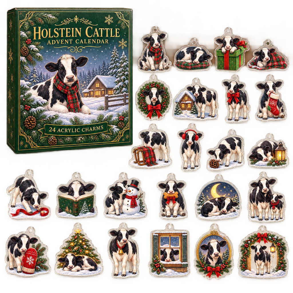 Holstein Cattle advent calendar box and full set of 24 illustrated acrylic charms on a light tabletop