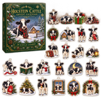 Holstein Cattle advent calendar box and full set of 24 illustrated acrylic charms on a light tabletop