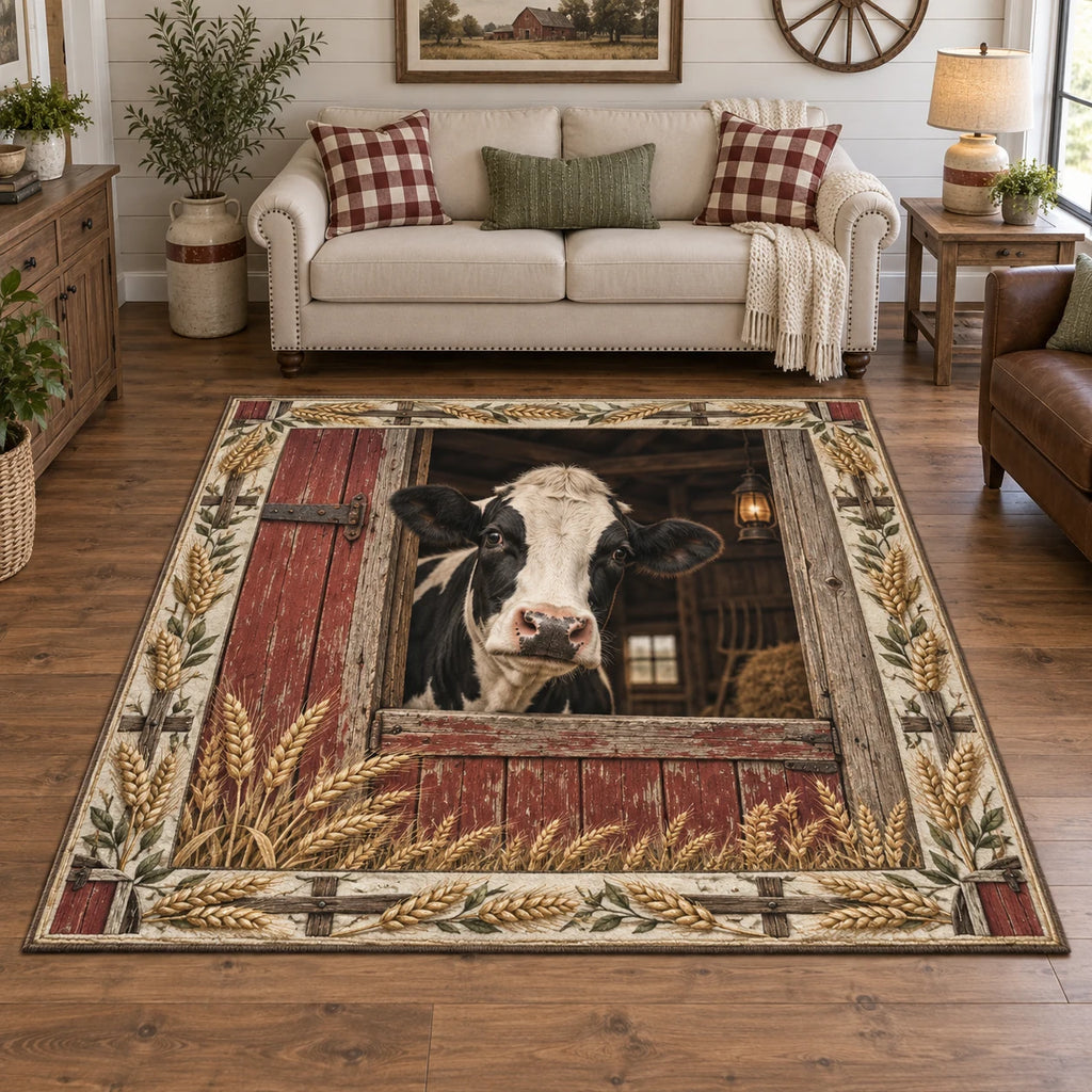 Holstein cow barn door area rug with wheat and wood details, recessed farm scenery and matching farmhouse setting