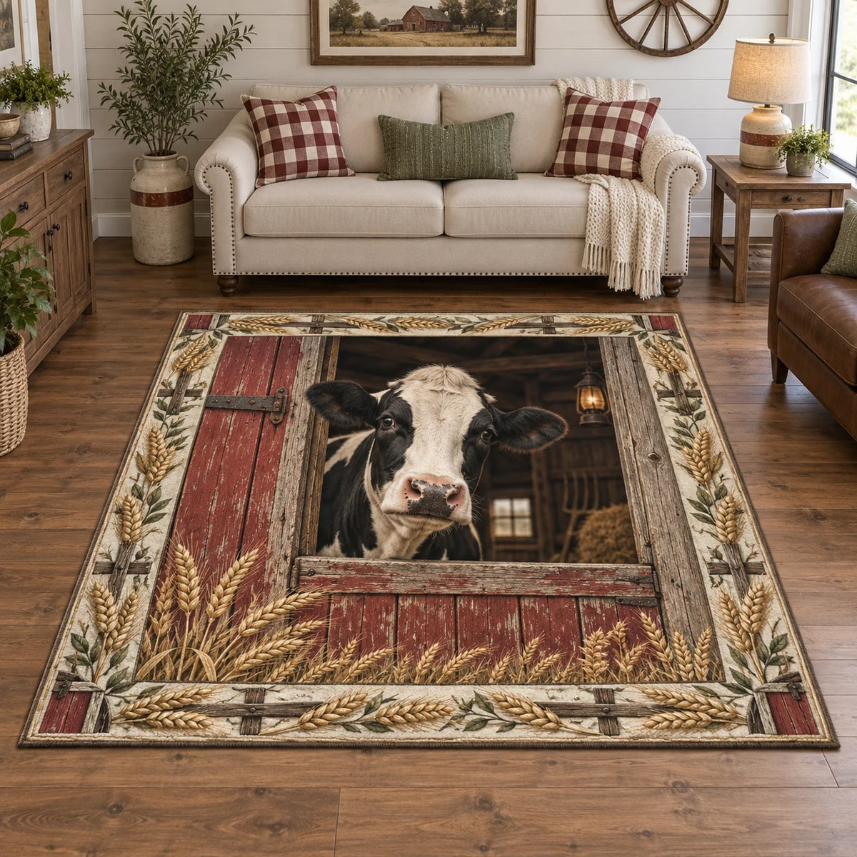 Holstein cow barn door area rug with wheat and wood details, recessed farm scenery and matching farmhouse setting