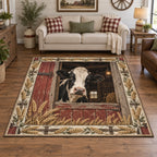Holstein cow barn door area rug with wheat and wood details, recessed farm scenery and matching farmhouse setting
