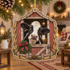 Holstein cow barn door christmas ornament with wheat and wood details, recessed farm scenery and matching farmhouse setting