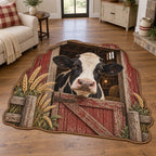 Holstein cow barn door custom shape area rug with wheat and wood details, recessed farm scenery and matching farmhouse setting