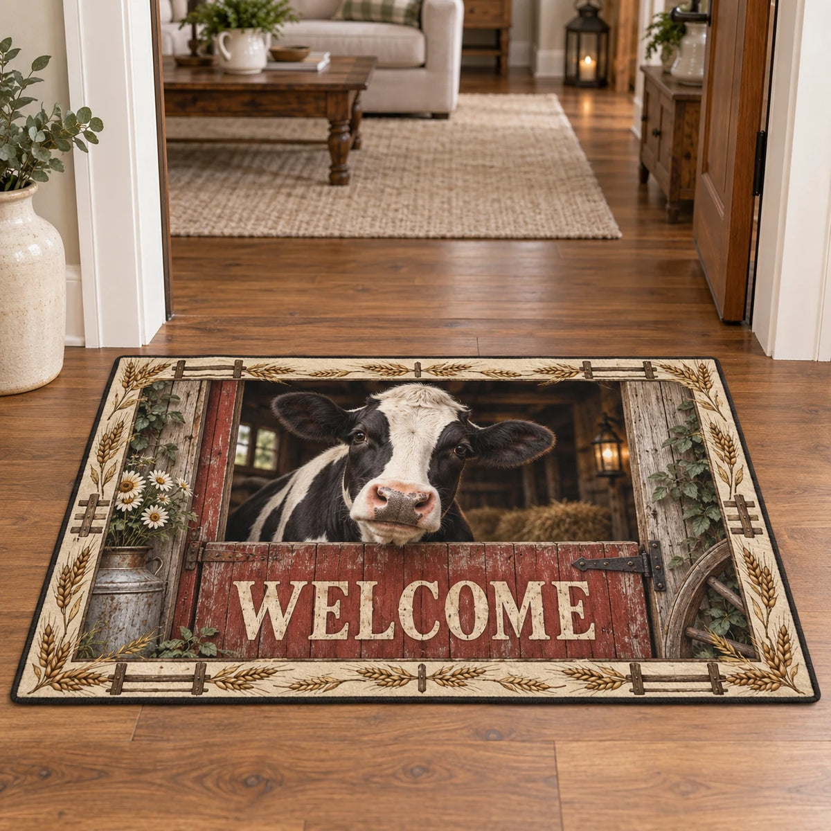 Holstein cow barn door doormat with wheat and wood details, recessed farm scenery and matching farmhouse setting