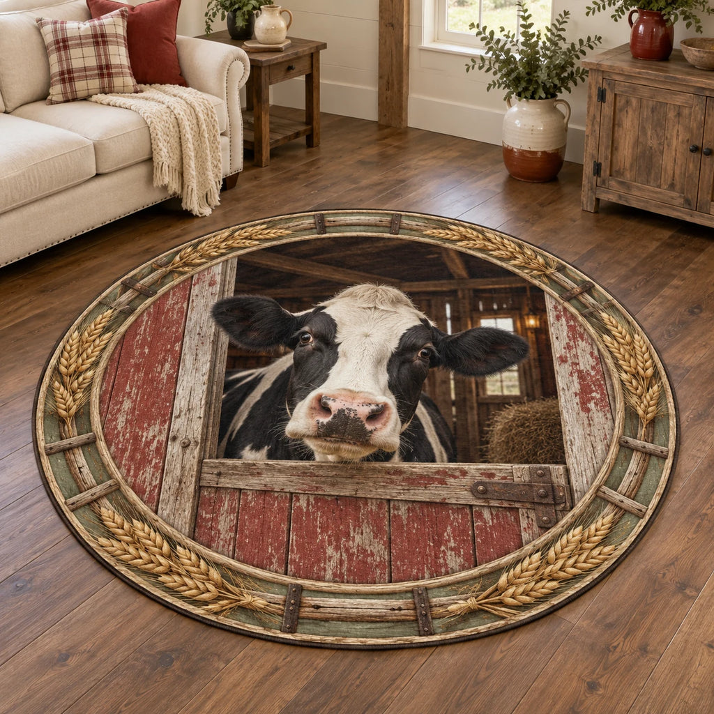 Holstein cow barn door round mat rug with wheat and wood details, recessed farm scenery and matching farmhouse setting