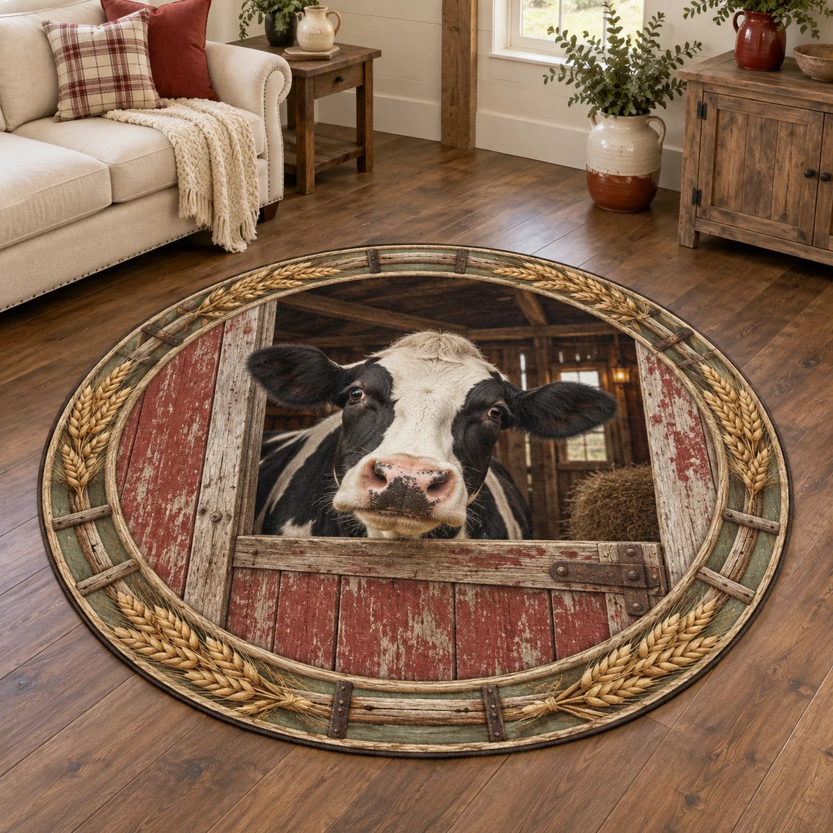Holstein cow barn door round mat rug with wheat and wood details, recessed farm scenery and matching farmhouse setting