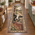 Holstein cow barn door runner rug with wheat and wood details, recessed farm scenery and matching farmhouse setting