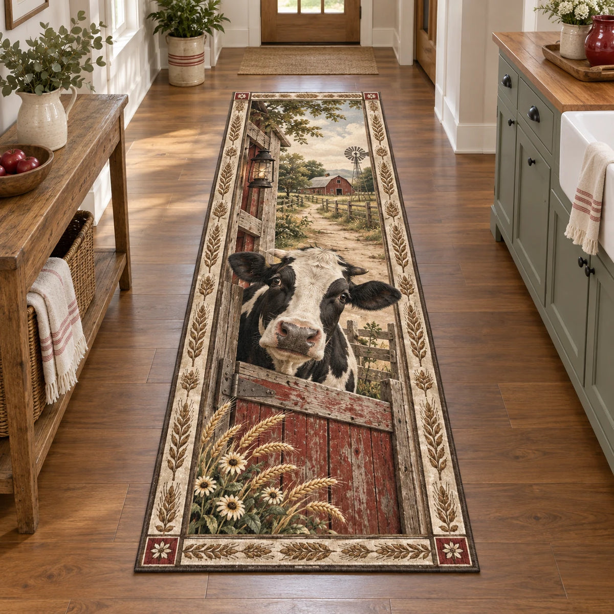 Holstein cow barn door runner rug with wheat and wood details, recessed farm scenery and matching farmhouse setting