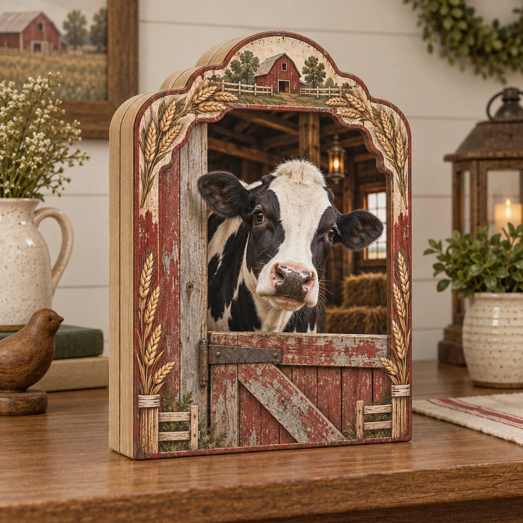 Holstein cow barn door wooden block 3 layer with wheat and wood details, recessed farm scenery and matching farmhouse setting