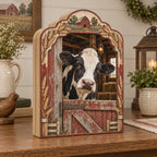 Holstein cow barn door wooden block 3 layer with wheat and wood details, recessed farm scenery and matching farmhouse setting