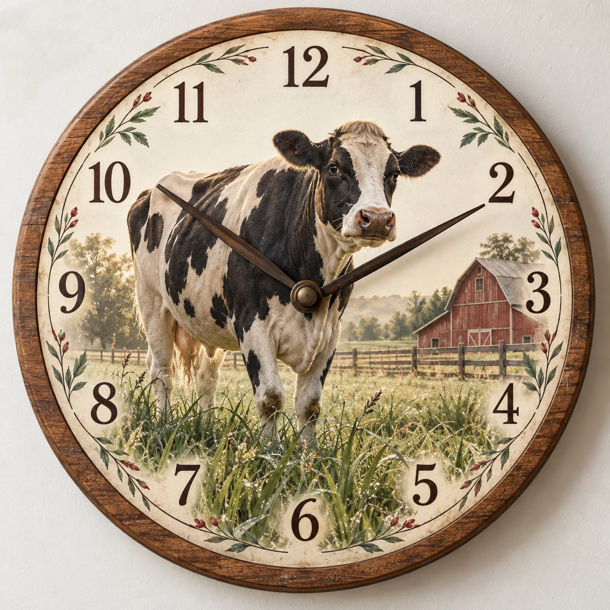 Holstein Cow Meadow Morning Wooden Wall Clock with printed dimensional artwork