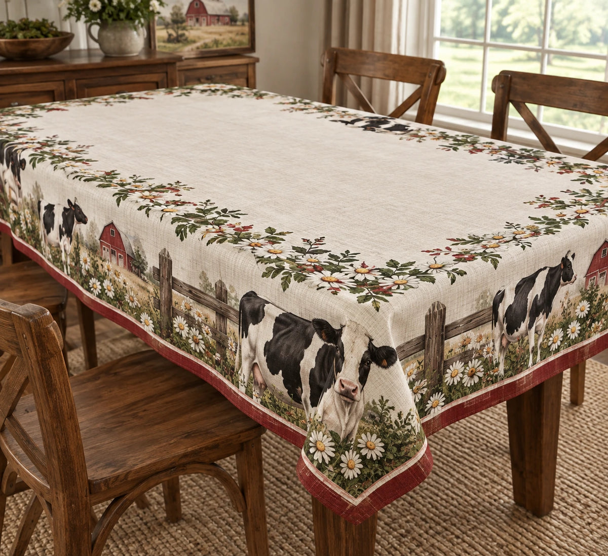 Holstein Cow Wildflower Fence Tablecloth with printed dimensional artwork