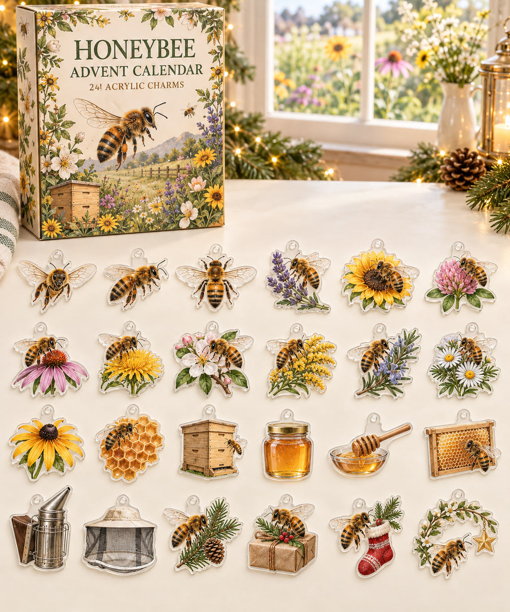 Honeybee advent calendar with 24 custom-shaped flat acrylic charms and printed dimensional artwork