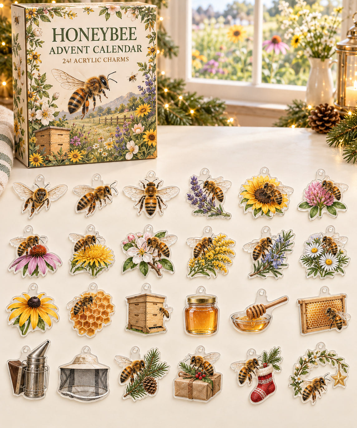 Honeybee advent calendar with 24 custom-shaped flat acrylic charms and printed dimensional artwork