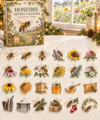 Honeybee advent calendar with 24 custom-shaped flat acrylic charms and printed dimensional artwork