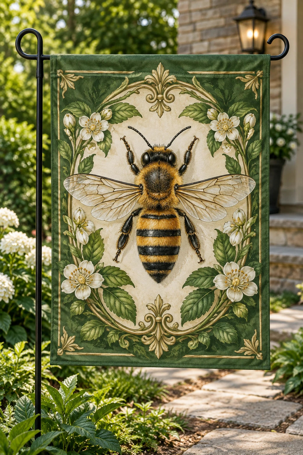 Honeybee Botanical Cabinet Garden Flag with printed dimensional artwork