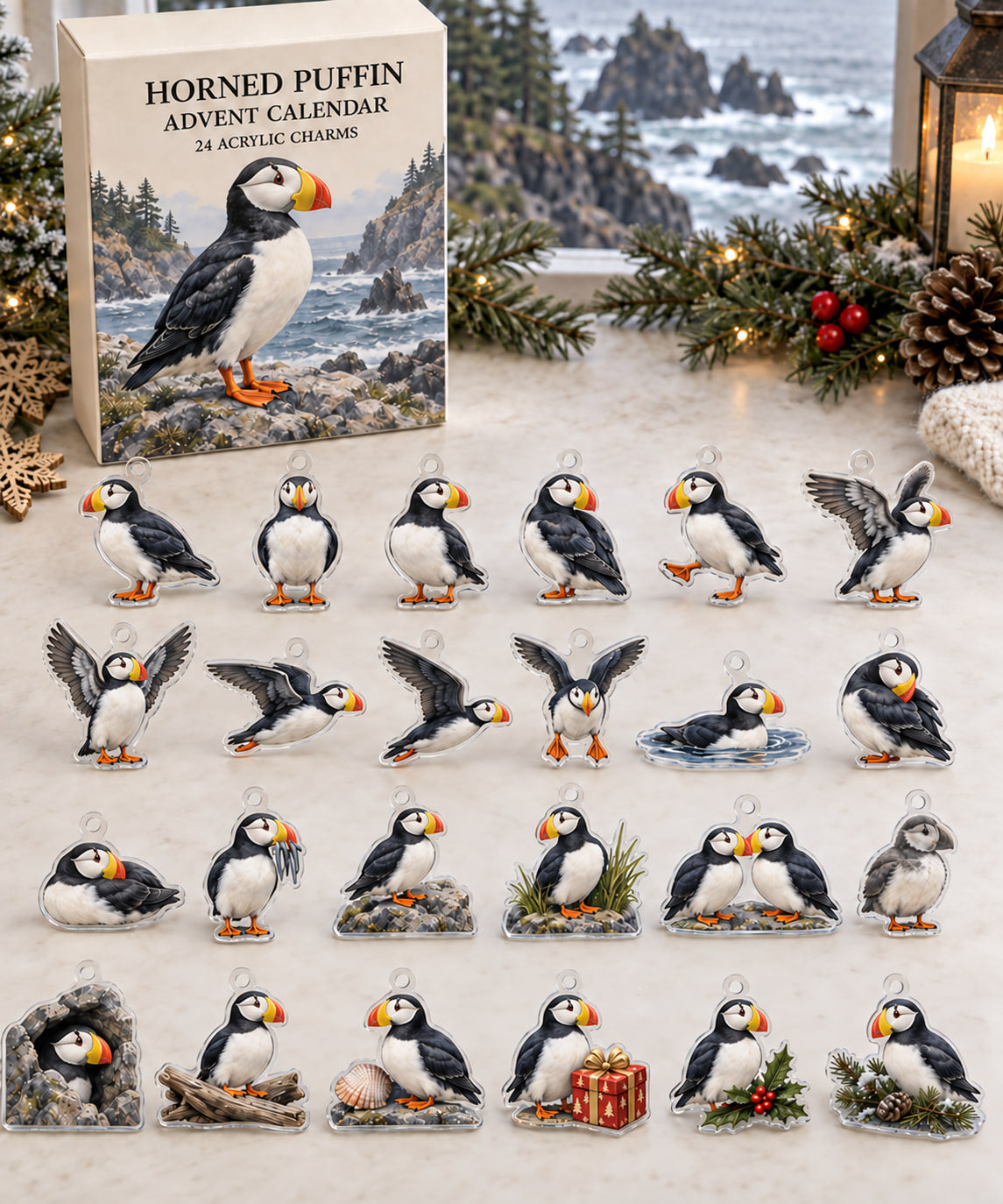 Horned Puffin advent calendar with 24 custom-shaped flat acrylic charms and printed dimensional artwork