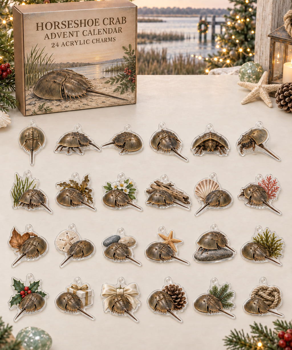 Horseshoe Crab advent calendar with 24 custom-shaped flat acrylic charms and printed dimensional artwork