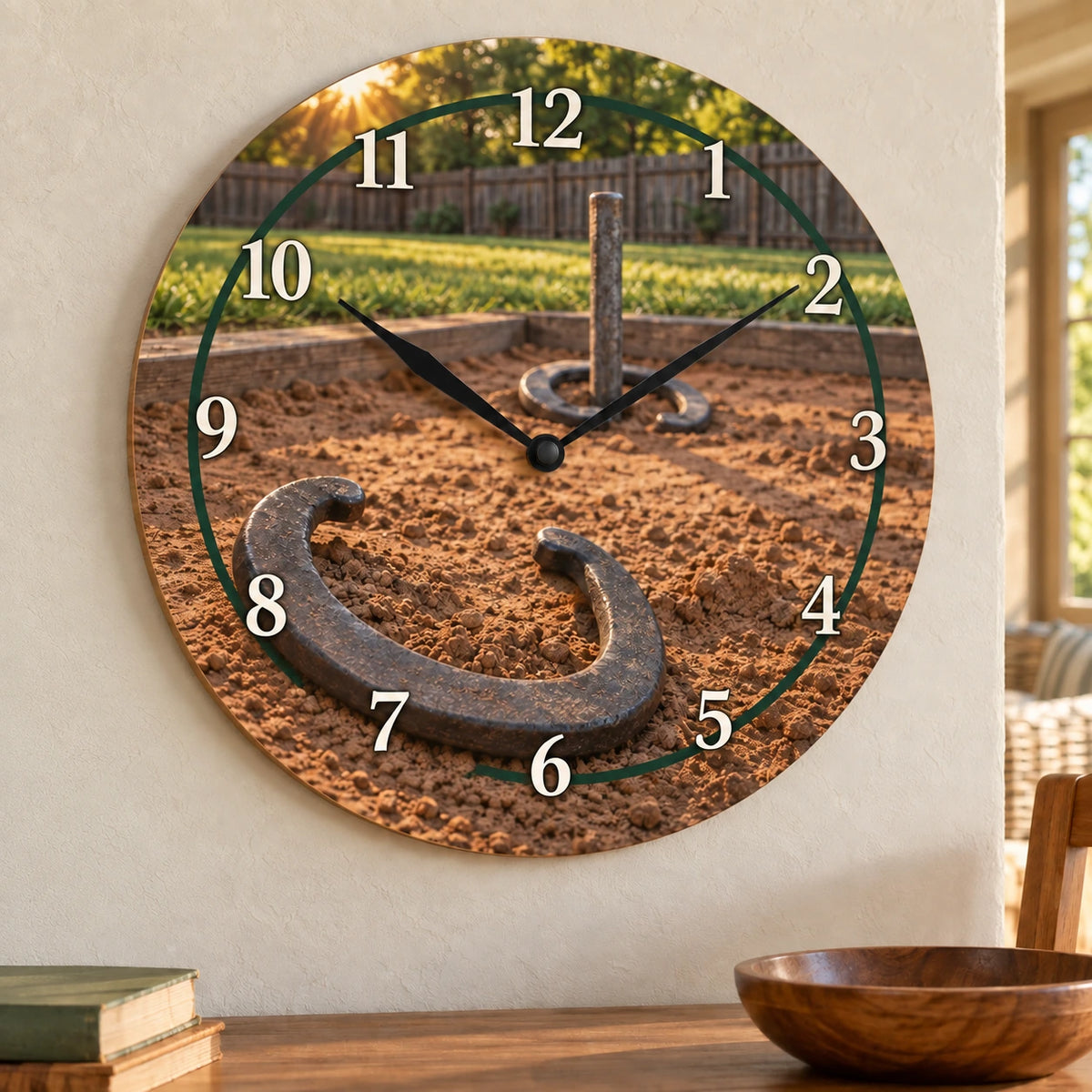 Horseshoe Pitching Yard Wooden Wall Clock with original printed optical 3D artwork