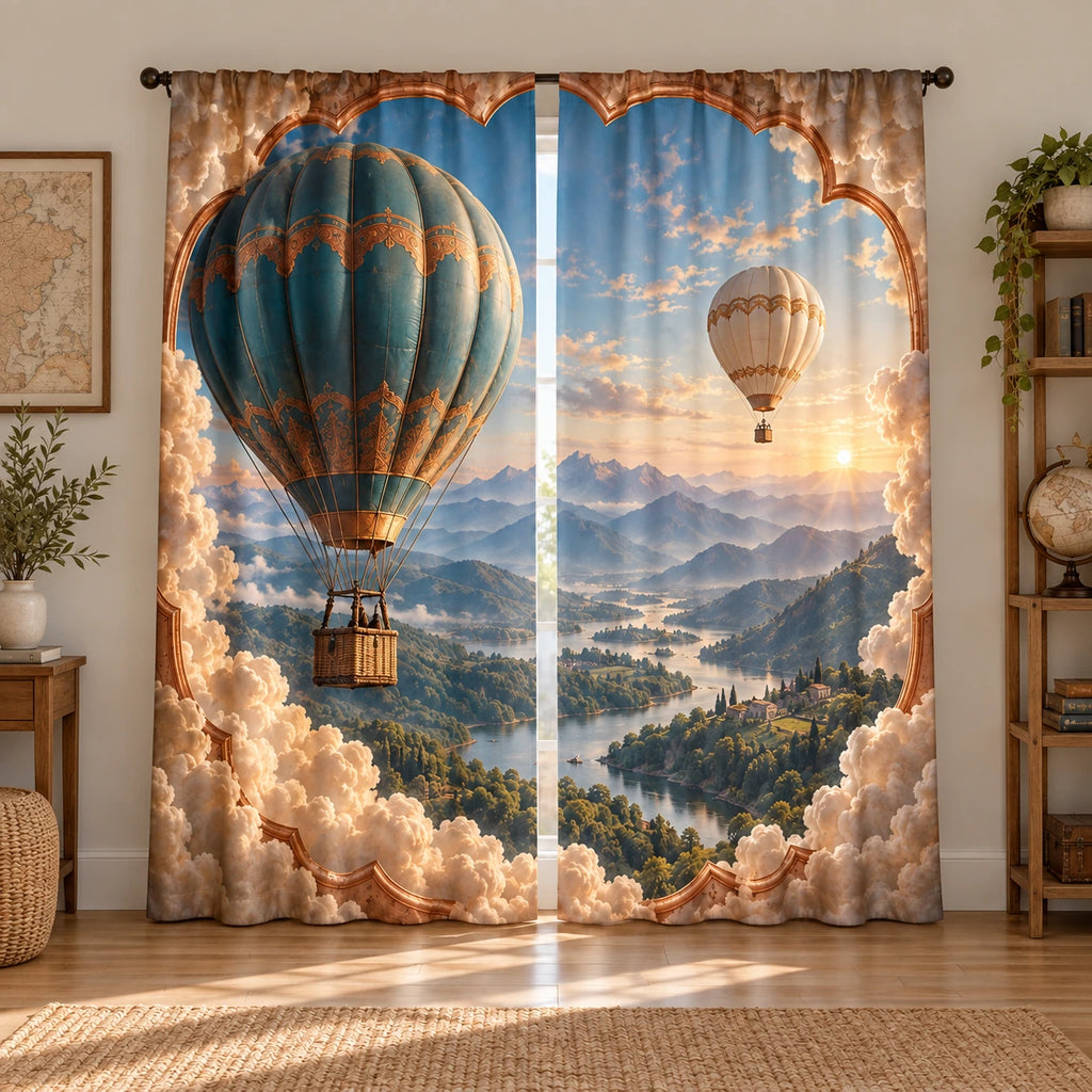 Hot Air Balloon Sunrise Window Curtain Pair with original printed optical 3D artwork