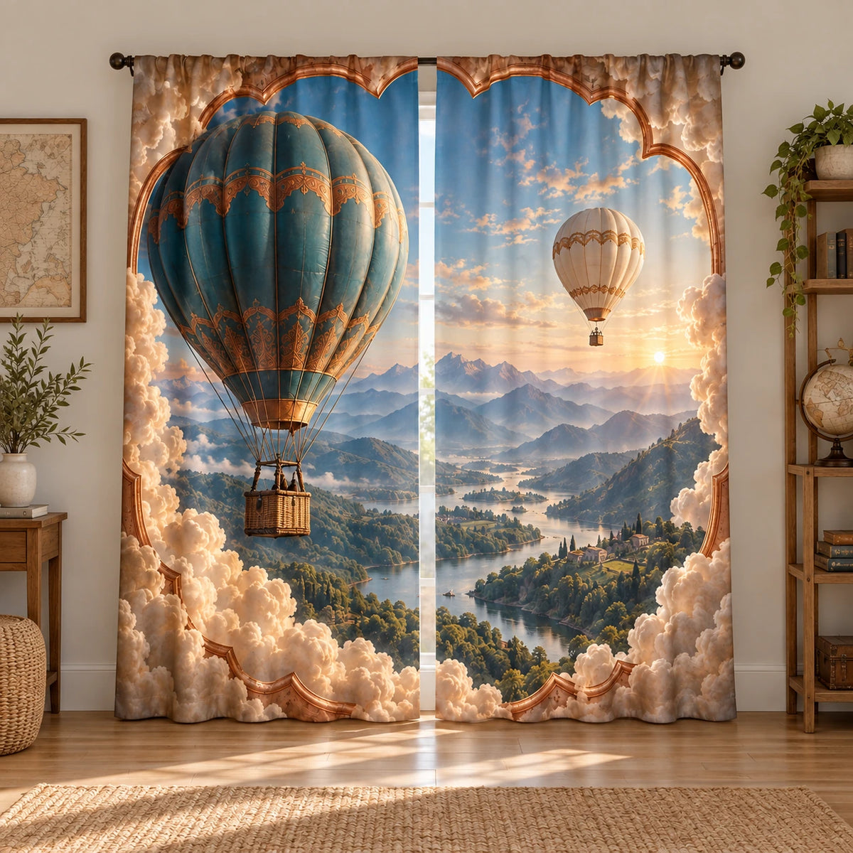 Hot Air Balloon Sunrise Window Curtain Pair with original printed optical 3D artwork