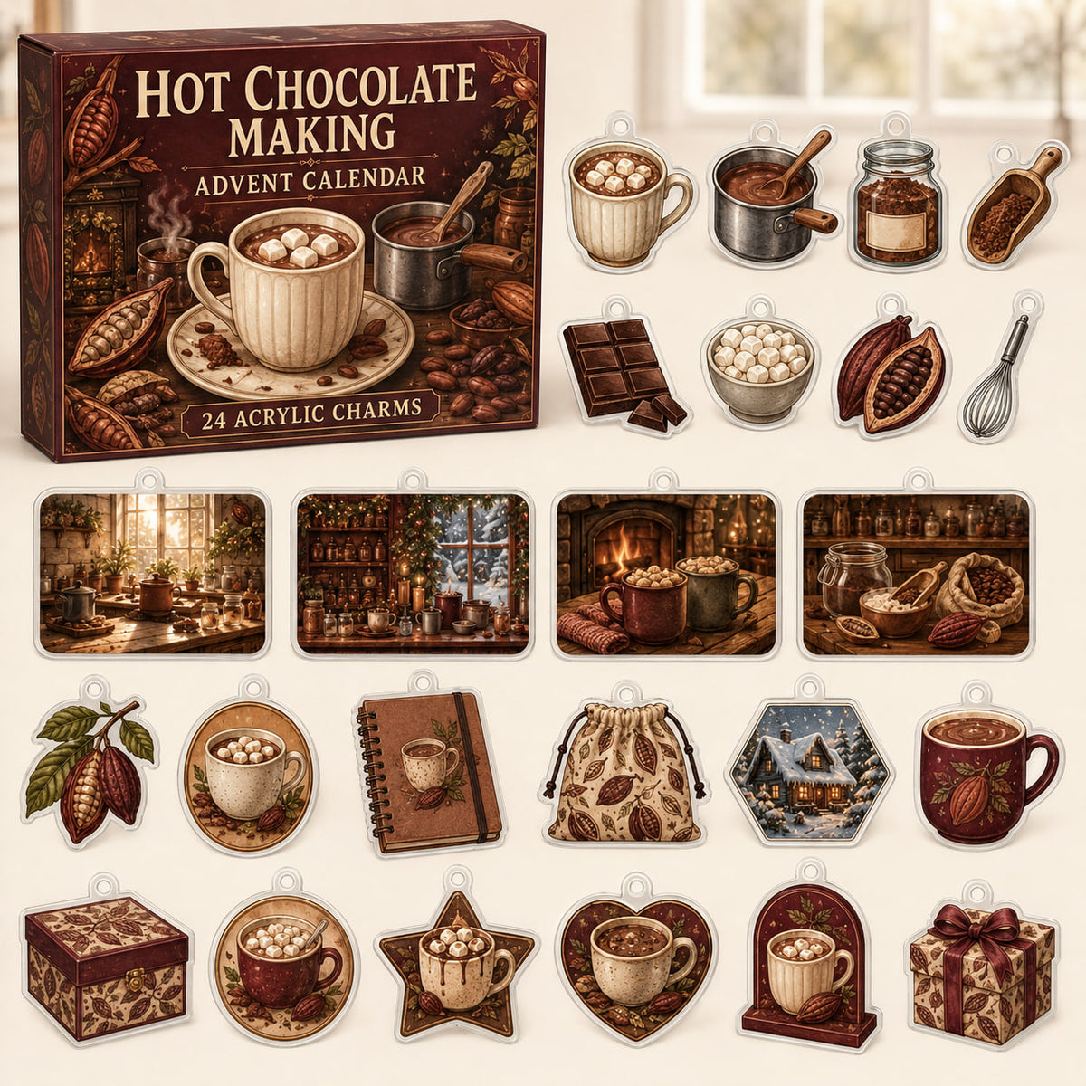 Hot Chocolate Making advent calendar box with24 kitchen-themed printed acrylic charms
